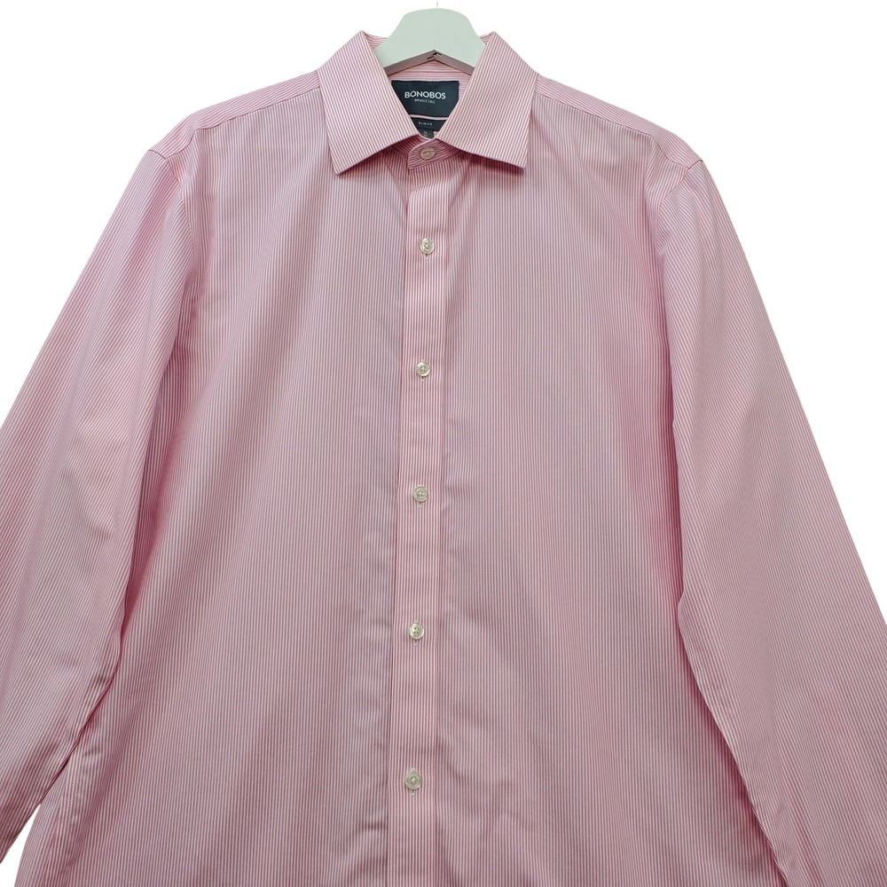 Bonobos Dress Shirt Mens 16/34 Pink Striped White Wrinkle Free Slim Fit Cotton